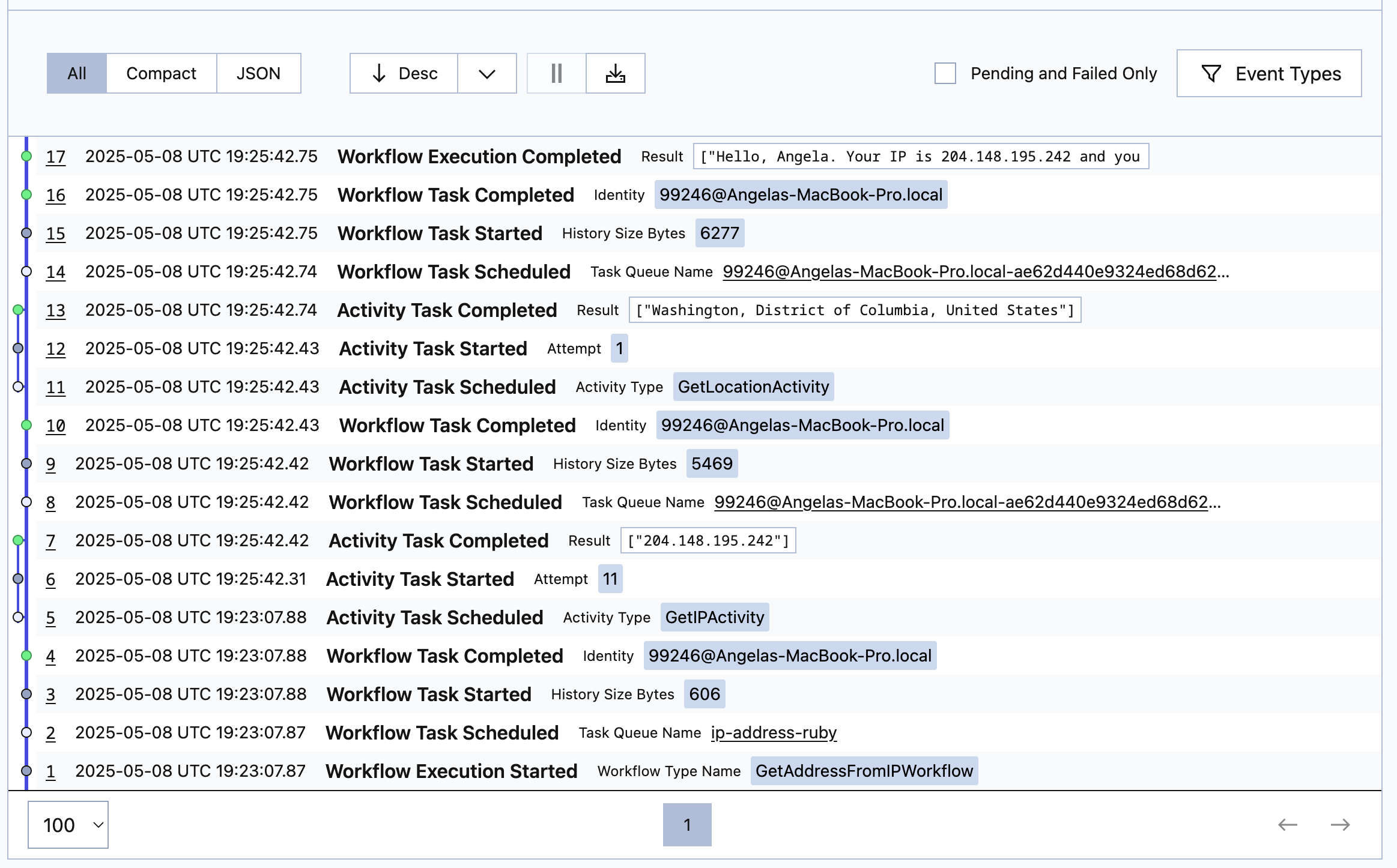 Once the network comes back the history updates and shows that things completed.